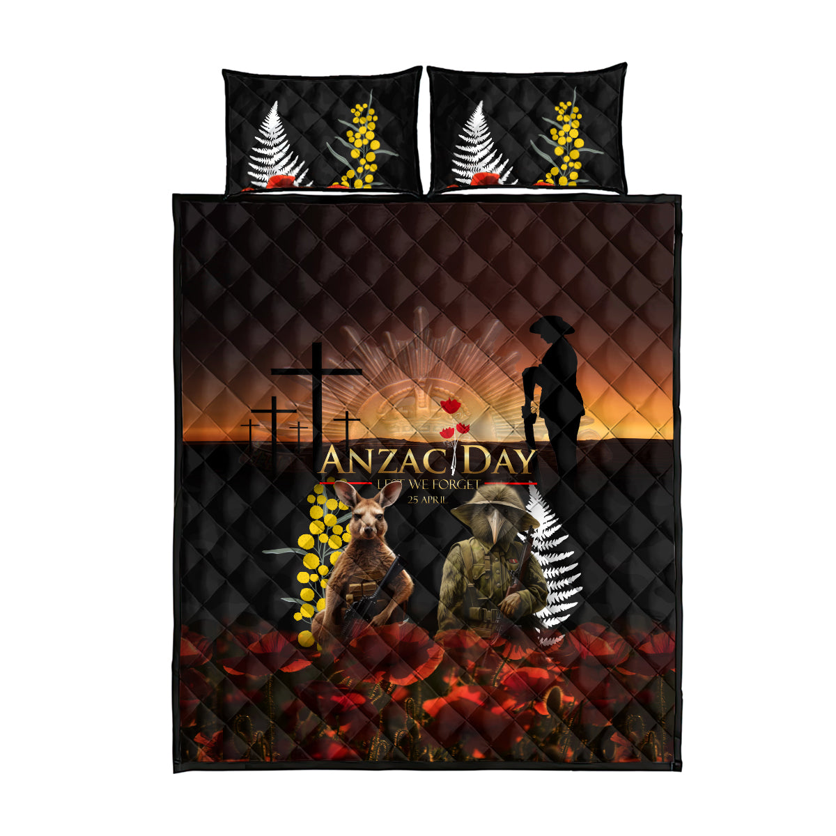 New Zealand and Australia ANZAC Day Quilt Bed Set Kiwi Bird and Kangaroo Soldier