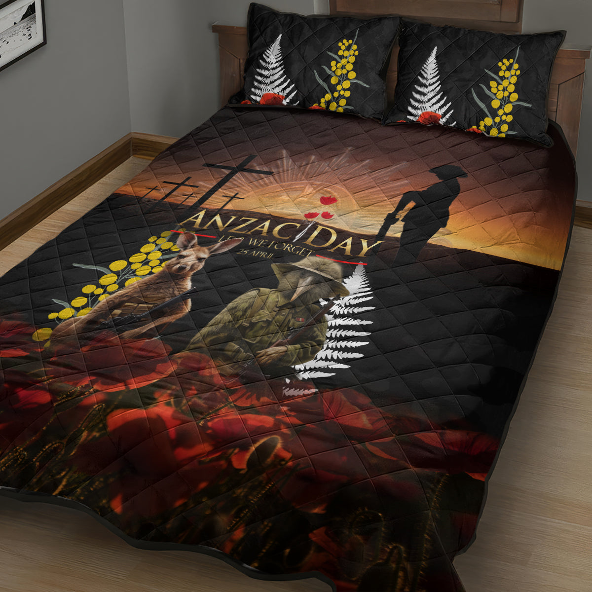 New Zealand and Australia ANZAC Day Quilt Bed Set Kiwi Bird and Kangaroo Soldier