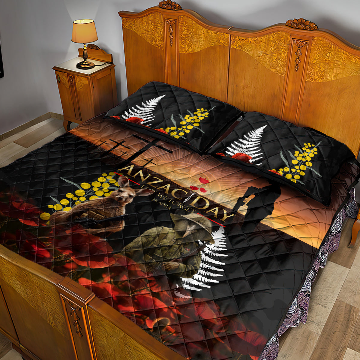 New Zealand and Australia ANZAC Day Quilt Bed Set Kiwi Bird and Kangaroo Soldier