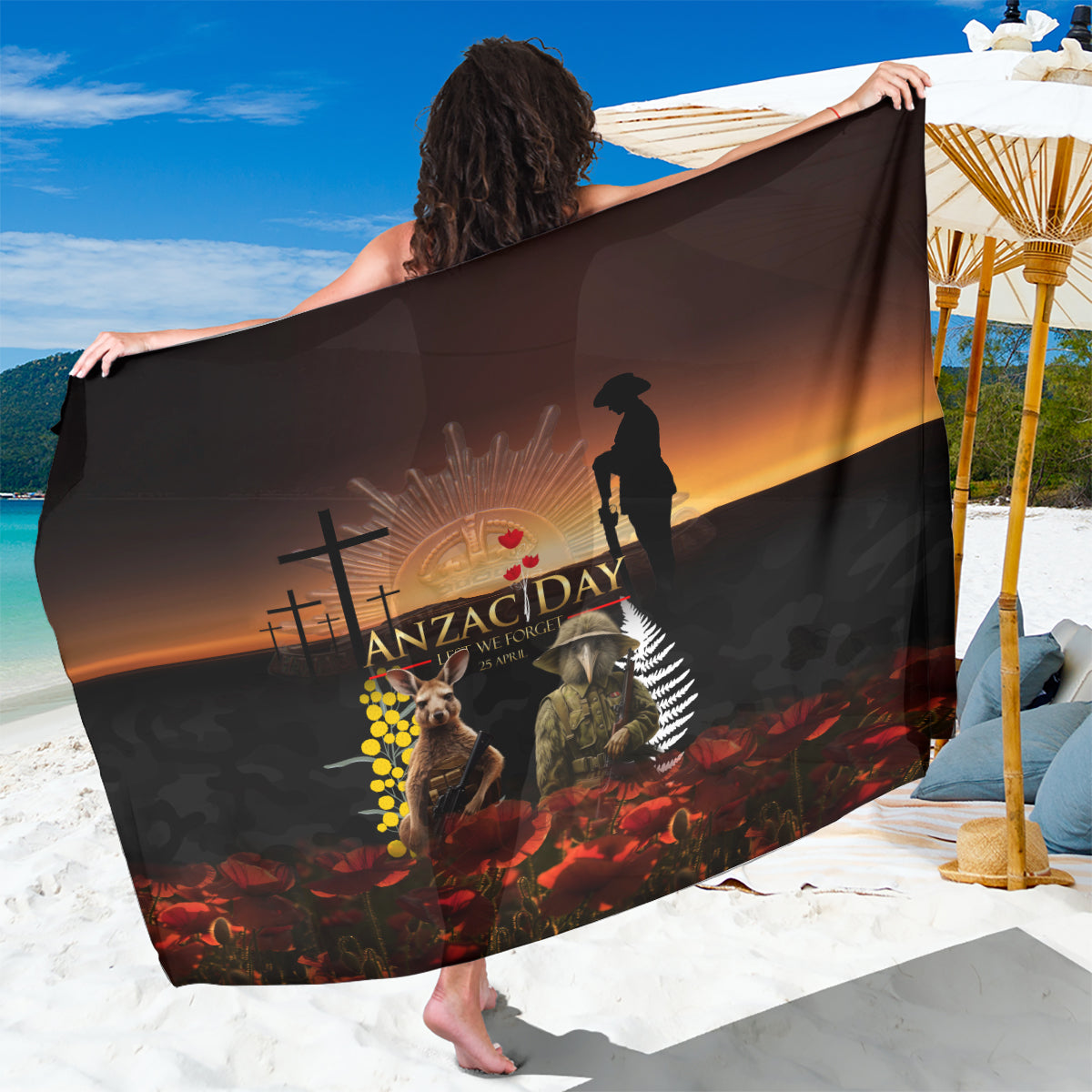 New Zealand and Australia ANZAC Day Sarong Kiwi Bird and Kangaroo Soldier