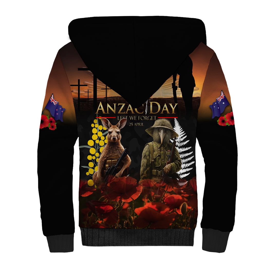 New Zealand and Australia ANZAC Day Sherpa Hoodie Kiwi Bird and Kangaroo Soldier