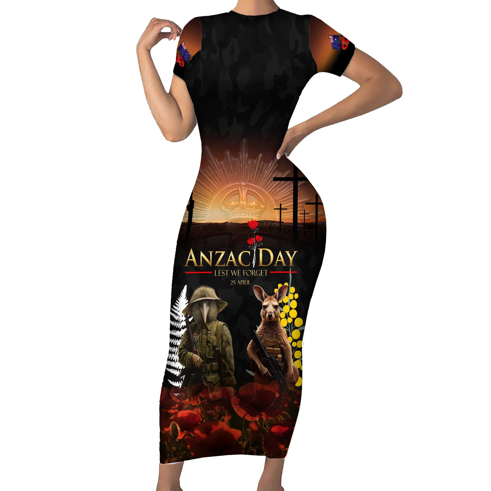 New Zealand and Australia ANZAC Day Short Sleeve Bodycon Dress Kiwi Bird and Kangaroo Soldier