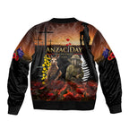 New Zealand and Australia ANZAC Day Sleeve Zip Bomber Jacket Kiwi Bird and Kangaroo Soldier