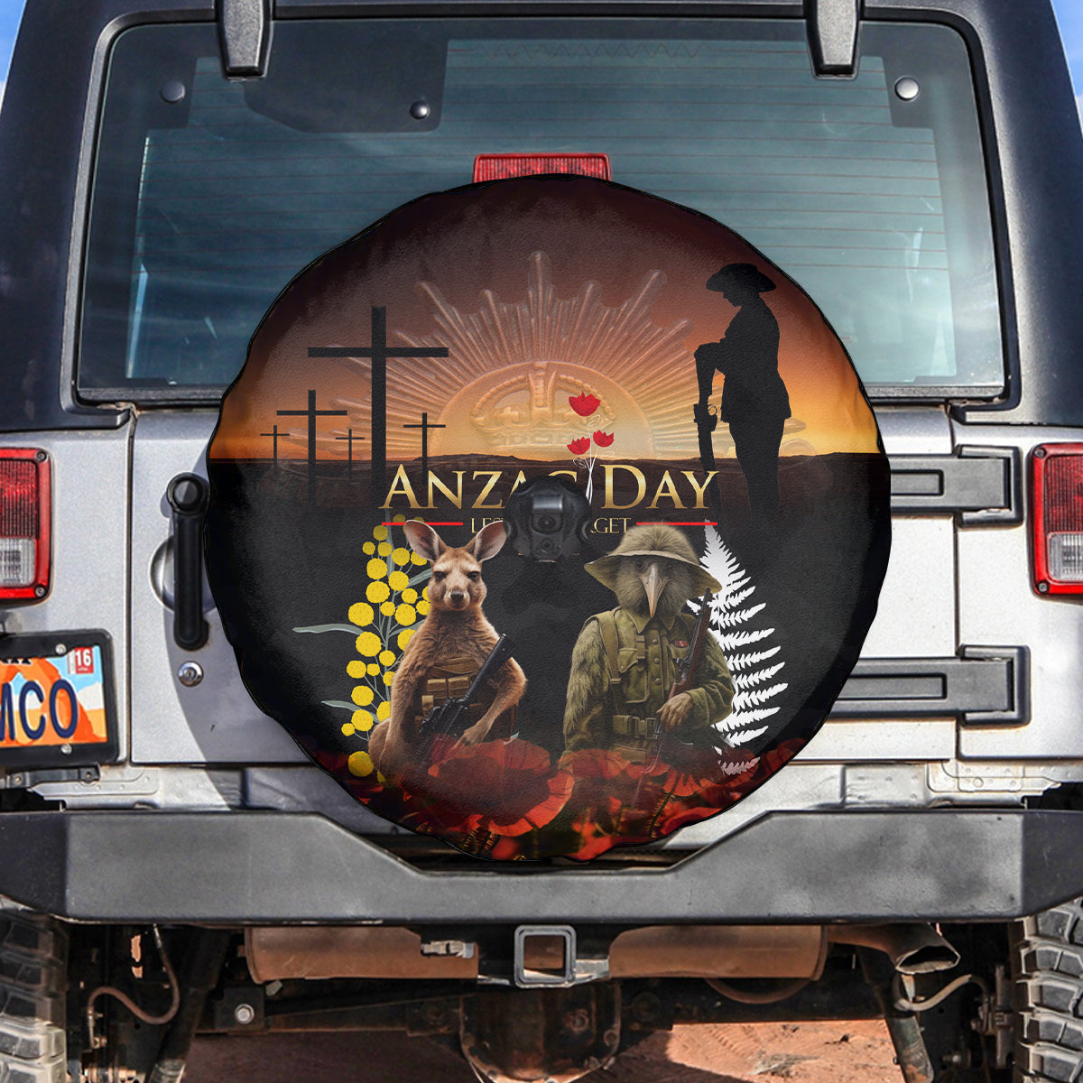 New Zealand and Australia ANZAC Day Spare Tire Cover Kiwi Bird and Kangaroo Soldier
