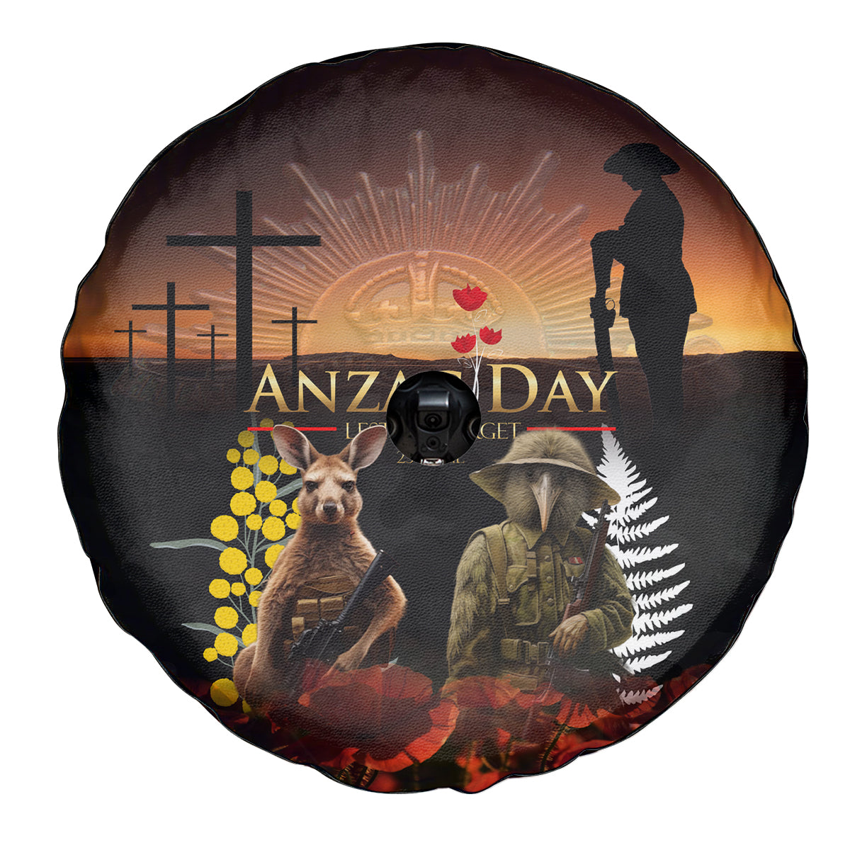 New Zealand and Australia ANZAC Day Spare Tire Cover Kiwi Bird and Kangaroo Soldier