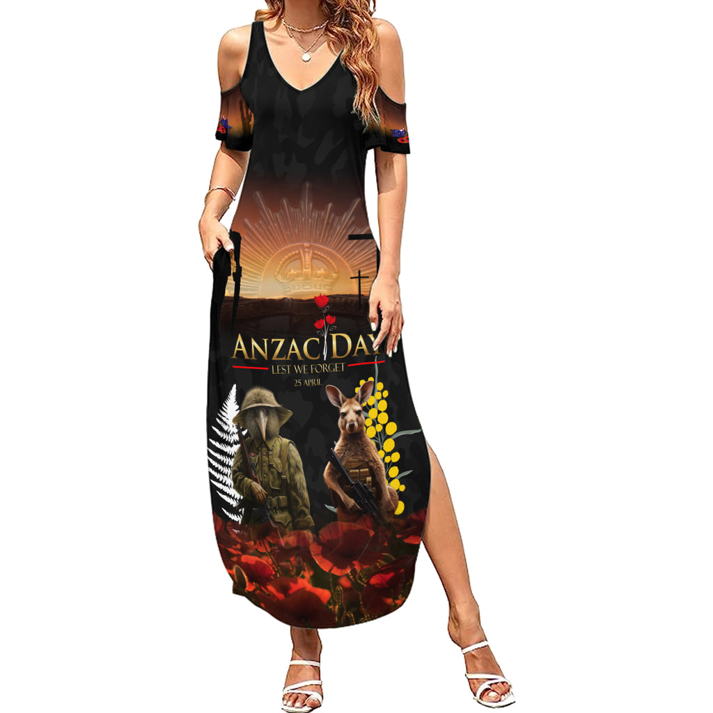 New Zealand and Australia ANZAC Day Summer Maxi Dress Kiwi Bird and Kangaroo Soldier