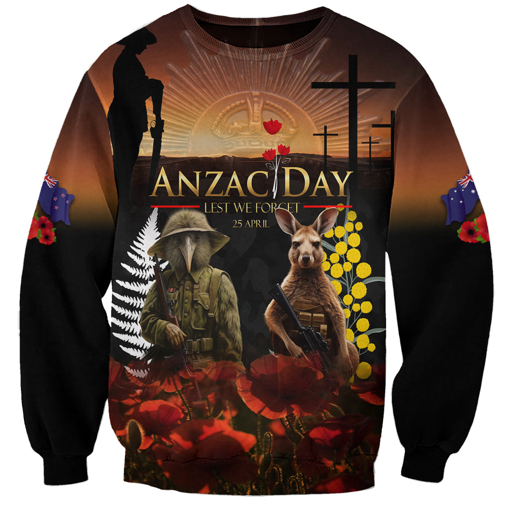 New Zealand and Australia ANZAC Day Sweatshirt Kiwi Bird and Kangaroo Soldier