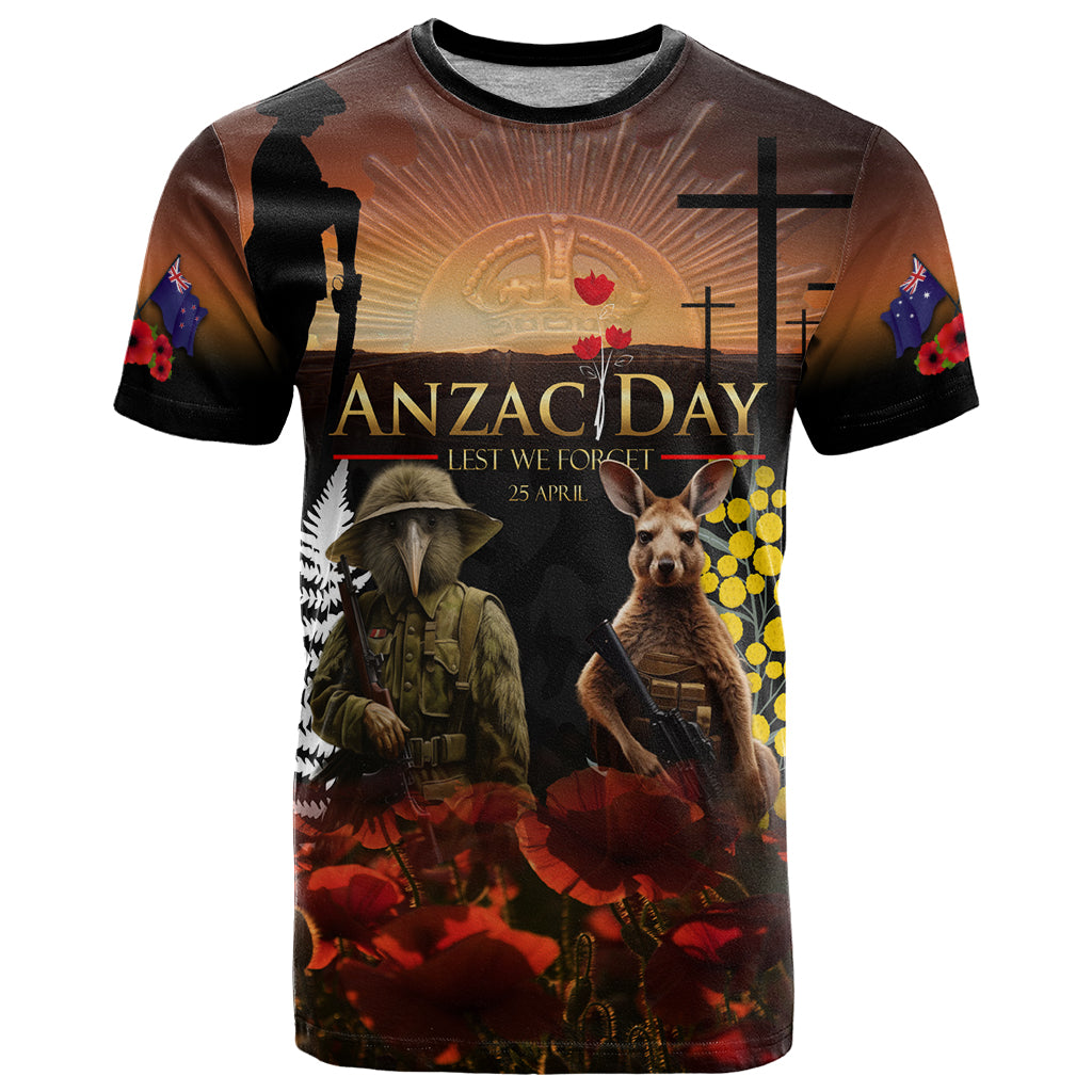 New Zealand and Australia ANZAC Day T Shirt Kiwi Bird and Kangaroo Soldier
