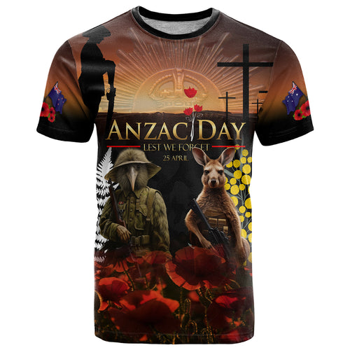 New Zealand and Australia ANZAC Day T Shirt Kiwi Bird and Kangaroo Soldier