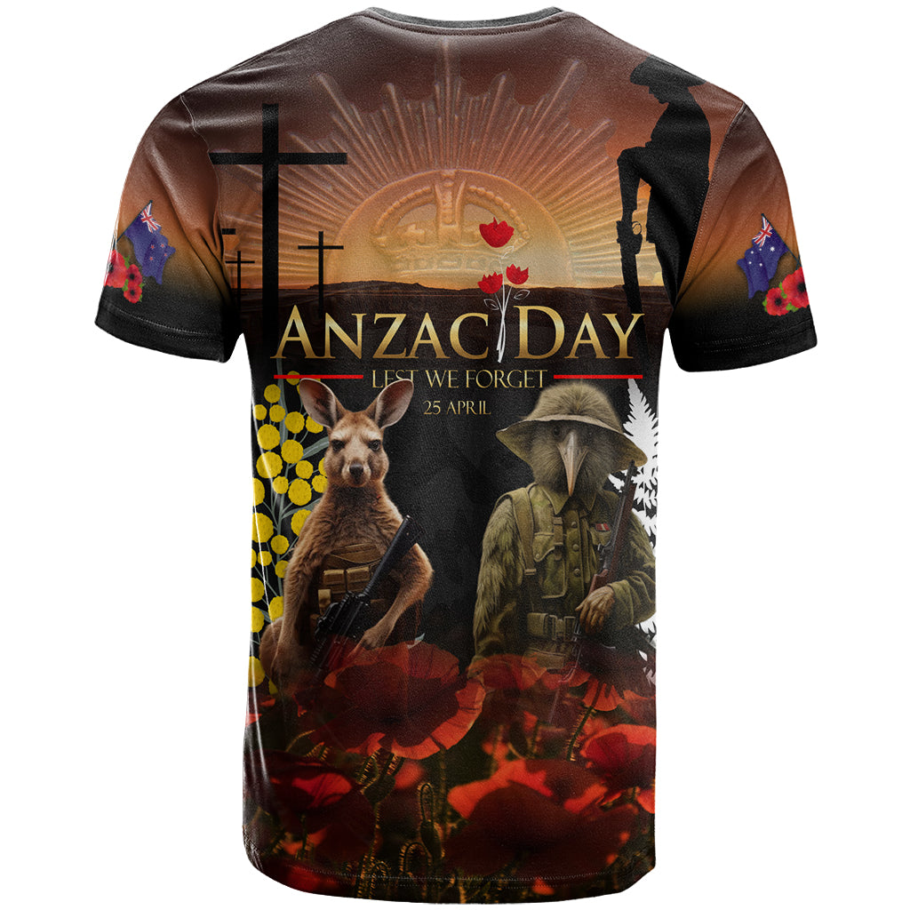 New Zealand and Australia ANZAC Day T Shirt Kiwi Bird and Kangaroo Soldier