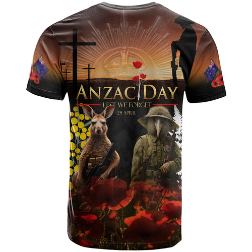 New Zealand and Australia ANZAC Day T Shirt Kiwi Bird and Kangaroo Soldier