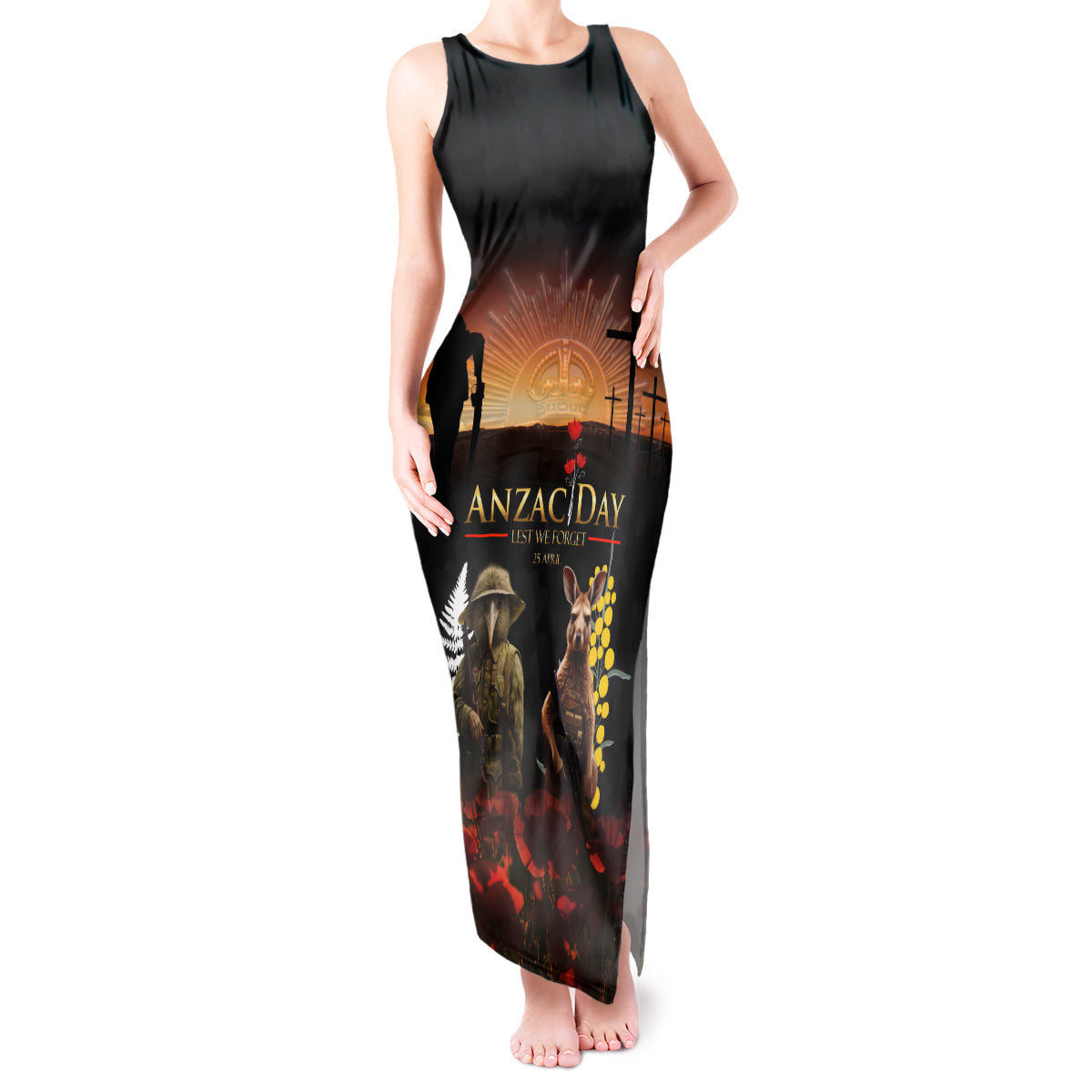 New Zealand and Australia ANZAC Day Tank Maxi Dress Kiwi Bird and Kangaroo Soldier