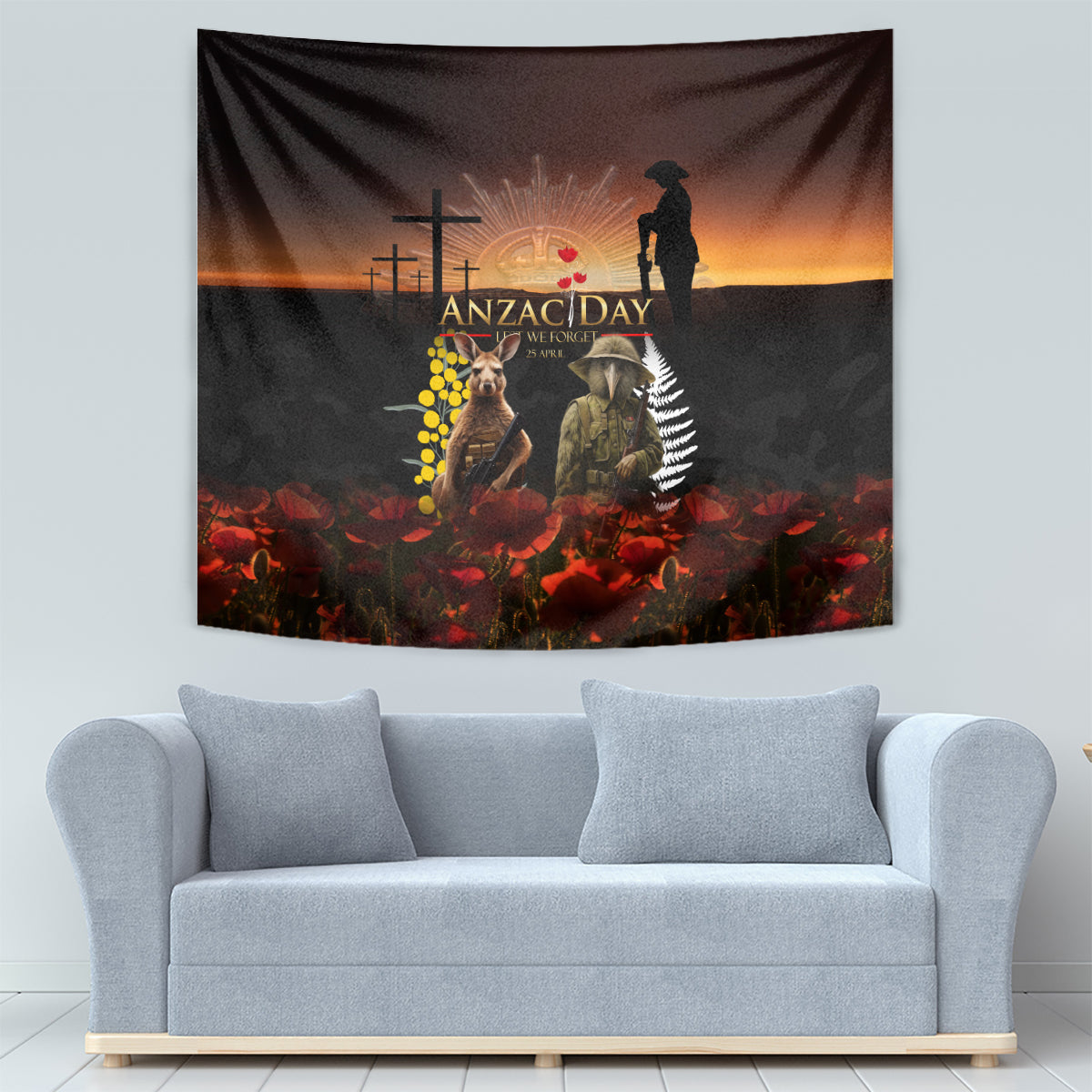 New Zealand and Australia ANZAC Day Tapestry Kiwi Bird and Kangaroo Soldier