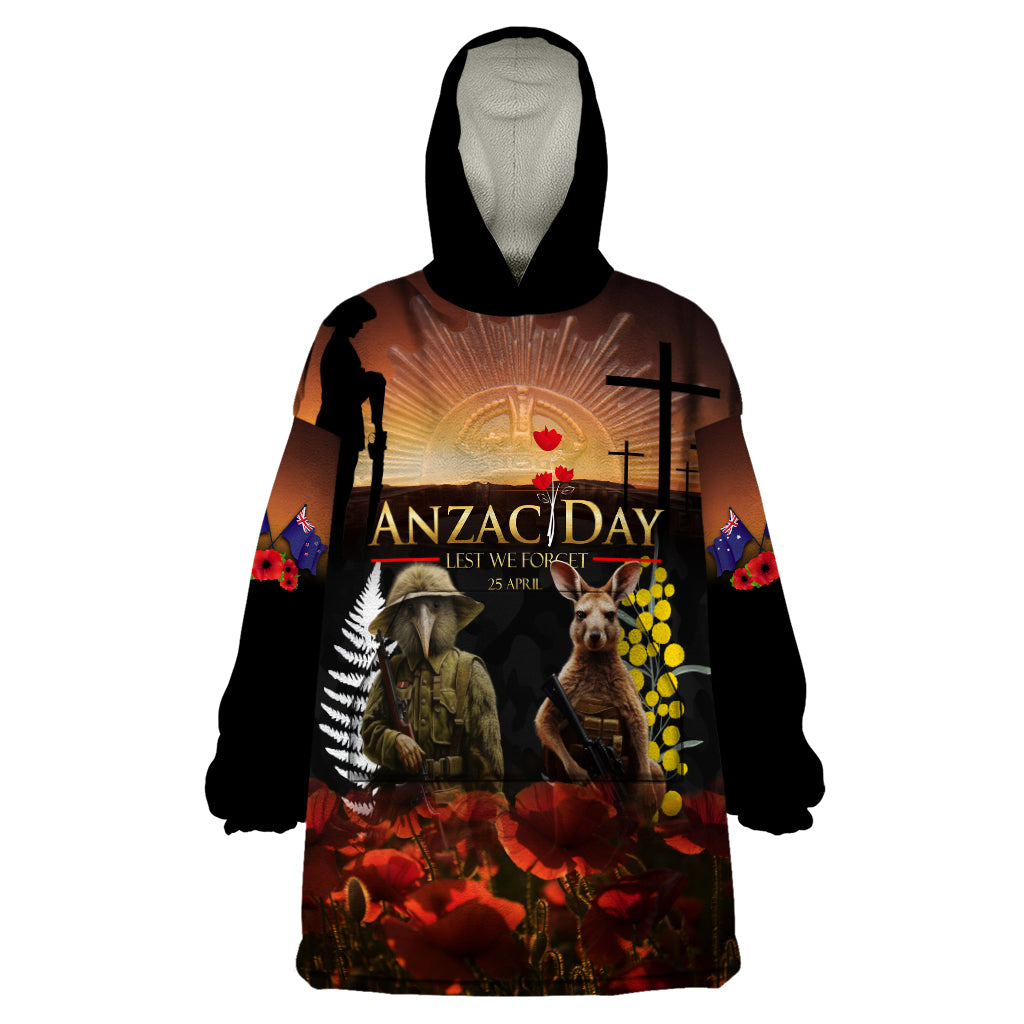 New Zealand and Australia ANZAC Day Wearable Blanket Hoodie Kiwi Bird and Kangaroo Soldier