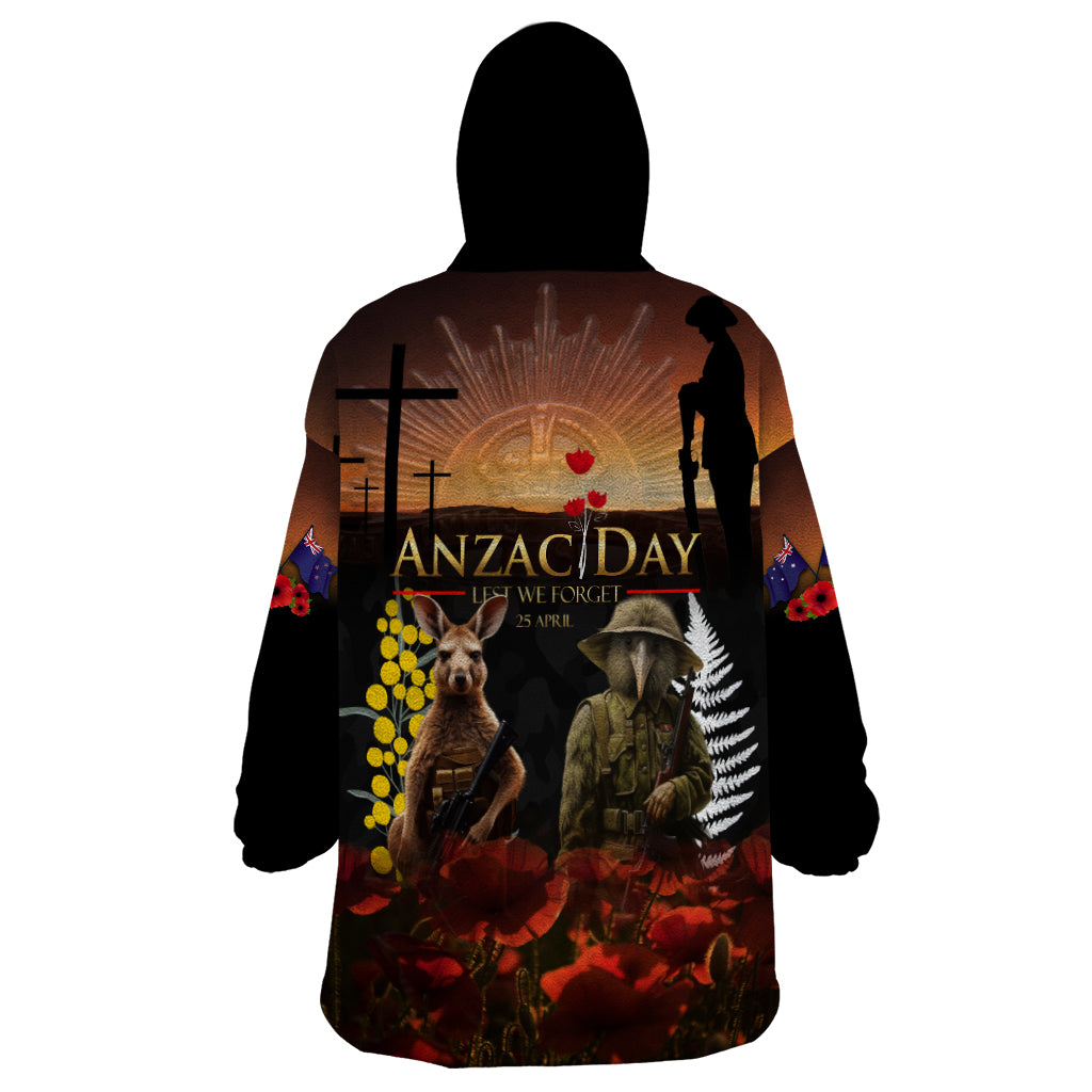 New Zealand and Australia ANZAC Day Wearable Blanket Hoodie Kiwi Bird and Kangaroo Soldier