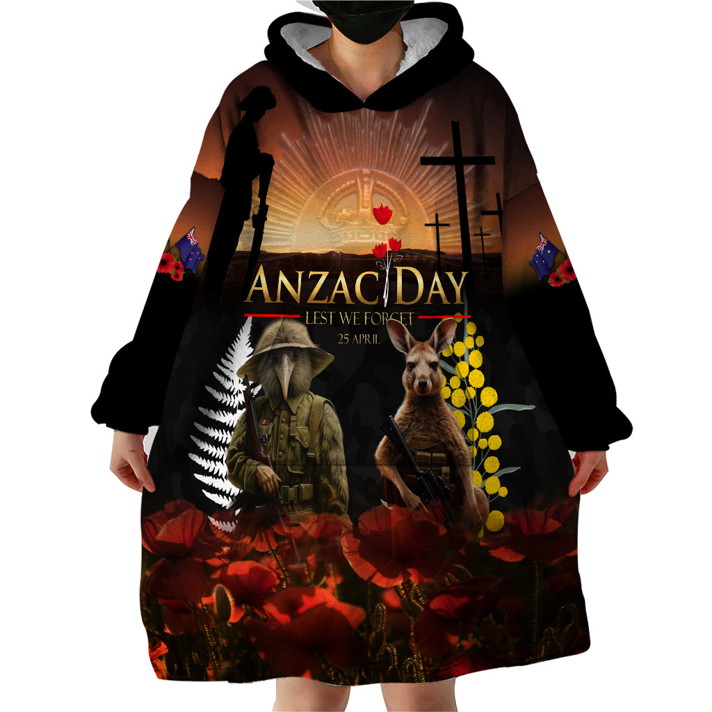 New Zealand and Australia ANZAC Day Wearable Blanket Hoodie Kiwi Bird and Kangaroo Soldier