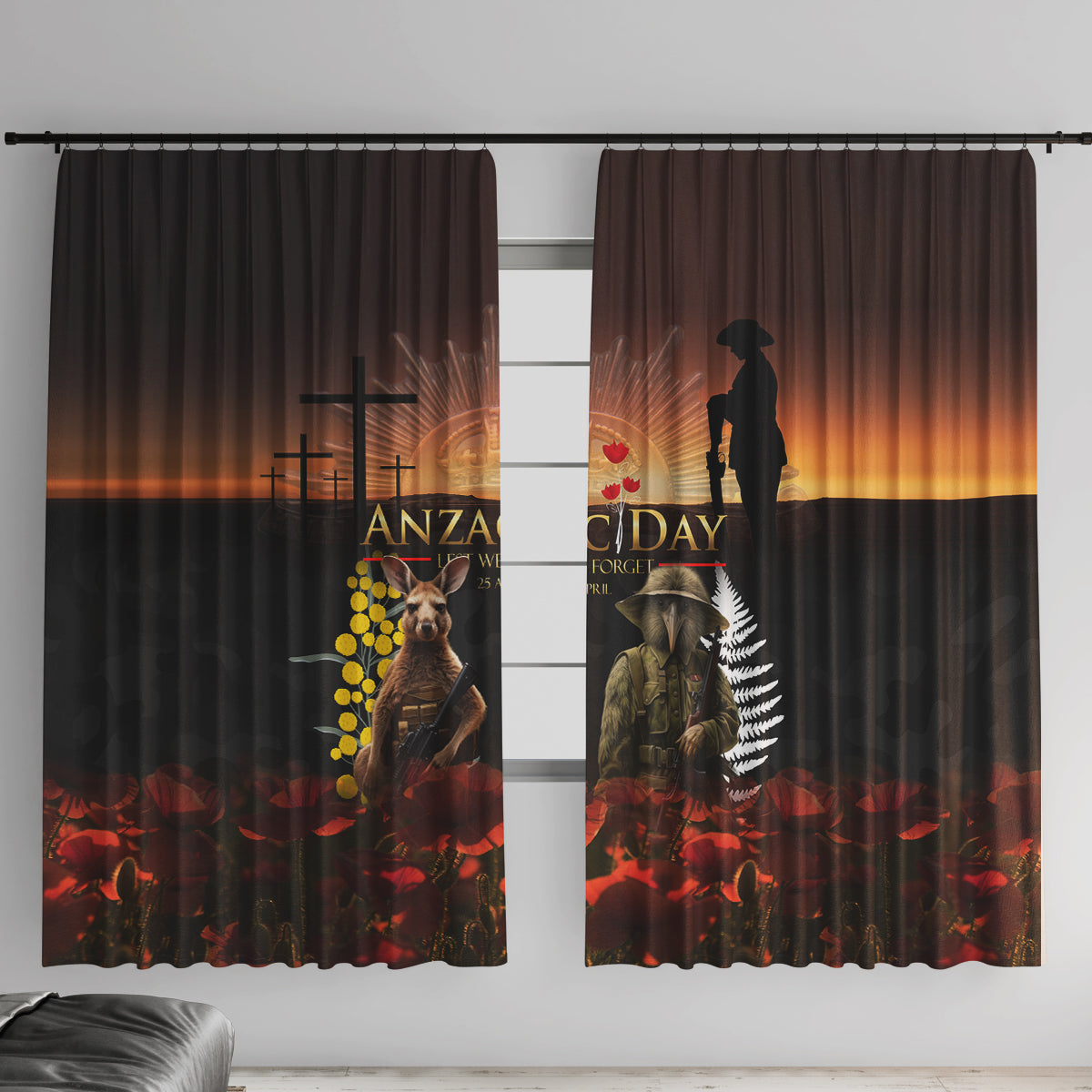 New Zealand and Australia ANZAC Day Window Curtain Kiwi Bird and Kangaroo Soldier
