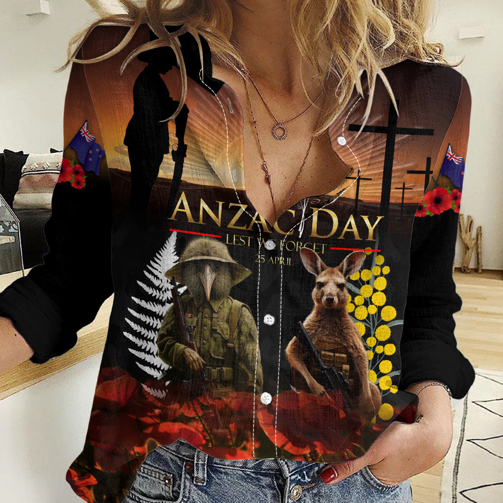 New Zealand and Australia ANZAC Day Women Casual Shirt Kiwi Bird and Kangaroo Soldier