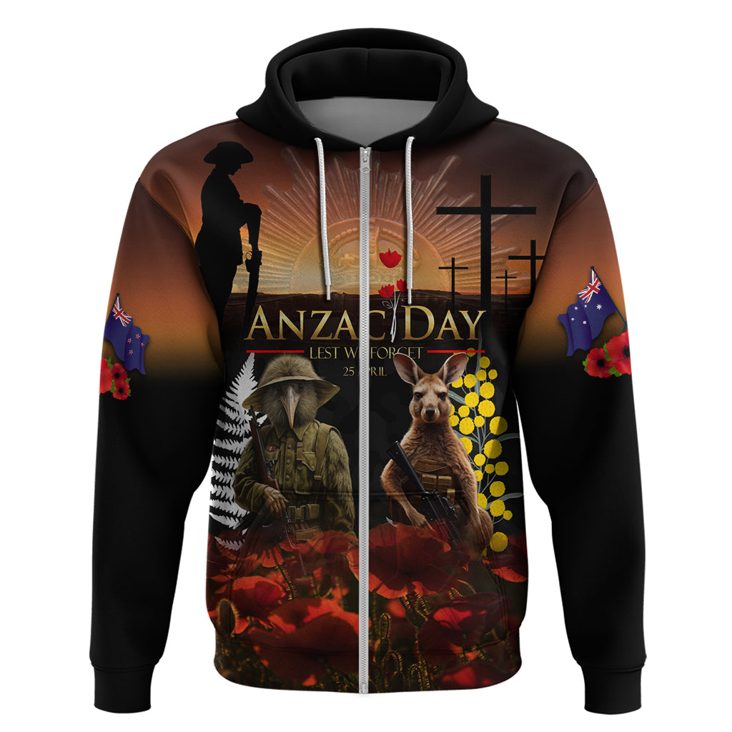 New Zealand and Australia ANZAC Day Zip Hoodie Kiwi Bird and Kangaroo Soldier