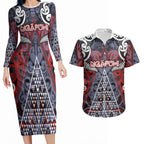 Personalised Aotearoa Iwi Ngapuhi Couples Matching Long Sleeve Bodycon Dress and Hawaiian Shirt Maori Motif Tribal