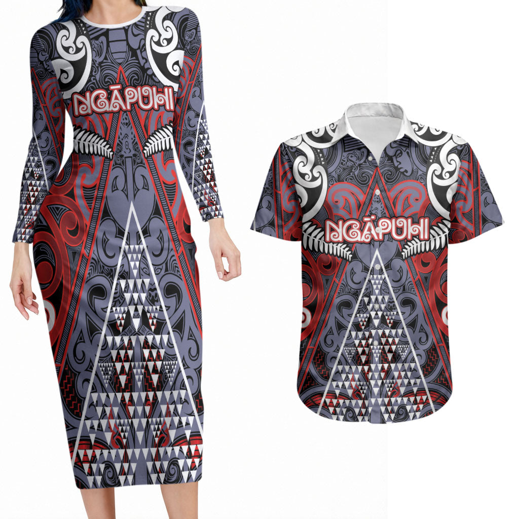 Personalised Aotearoa Iwi Ngapuhi Couples Matching Long Sleeve Bodycon Dress and Hawaiian Shirt Maori Motif Tribal