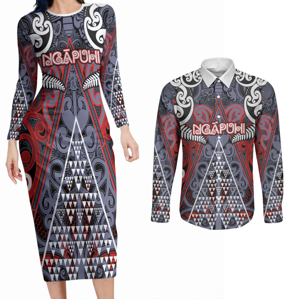 Personalised Aotearoa Iwi Ngapuhi Couples Matching Long Sleeve Bodycon Dress and Long Sleeve Button Shirt Maori Motif Tribal