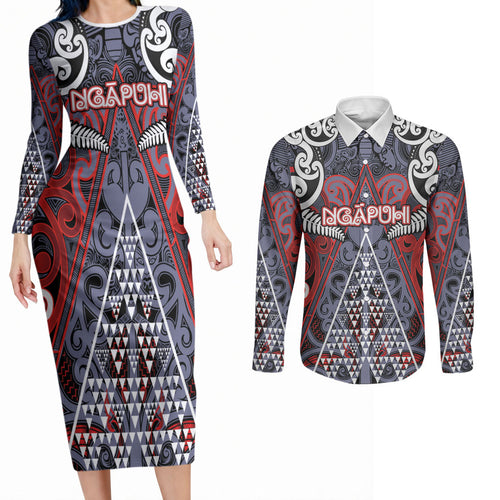 Personalised Aotearoa Iwi Ngapuhi Couples Matching Long Sleeve Bodycon Dress and Long Sleeve Button Shirt Maori Motif Tribal
