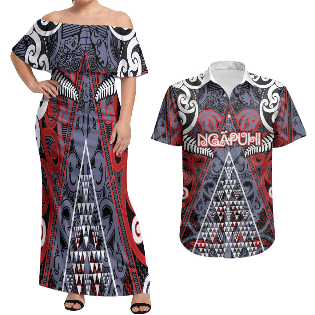 Personalised Aotearoa Iwi Ngapuhi Couples Matching Off Shoulder Maxi Dress and Hawaiian Shirt Maori Motif Tribal