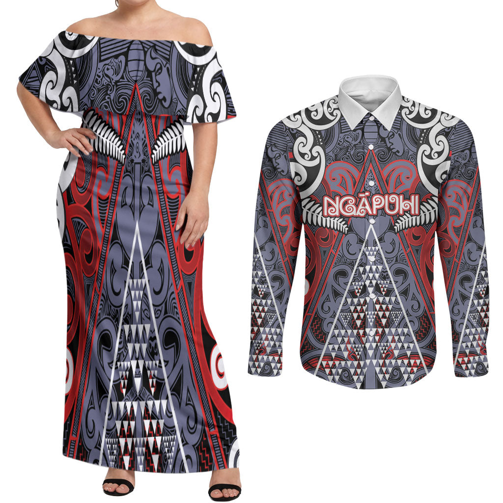Personalised Aotearoa Iwi Ngapuhi Couples Matching Off Shoulder Maxi Dress and Long Sleeve Button Shirt Maori Motif Tribal