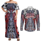 Personalised Aotearoa Iwi Ngapuhi Couples Matching Off Shoulder Maxi Dress and Long Sleeve Button Shirt Maori Motif Tribal
