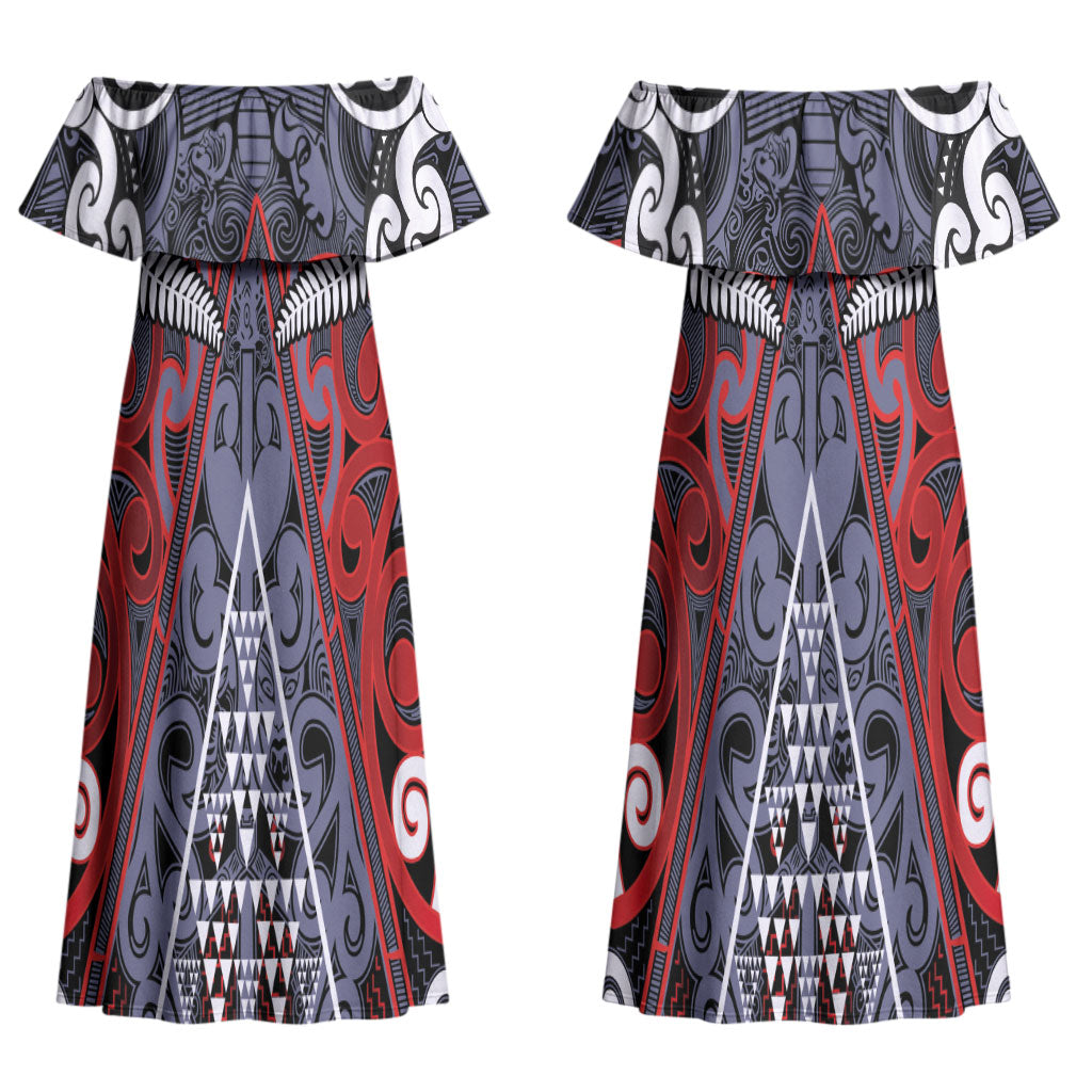 Personalised Aotearoa Iwi Ngapuhi Couples Matching Off Shoulder Maxi Dress and Long Sleeve Button Shirt Maori Motif Tribal