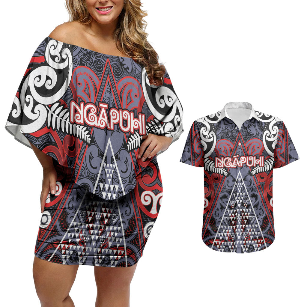 Personalised Aotearoa Iwi Ngapuhi Couples Matching Off Shoulder Short Dress and Hawaiian Shirt Maori Motif Tribal