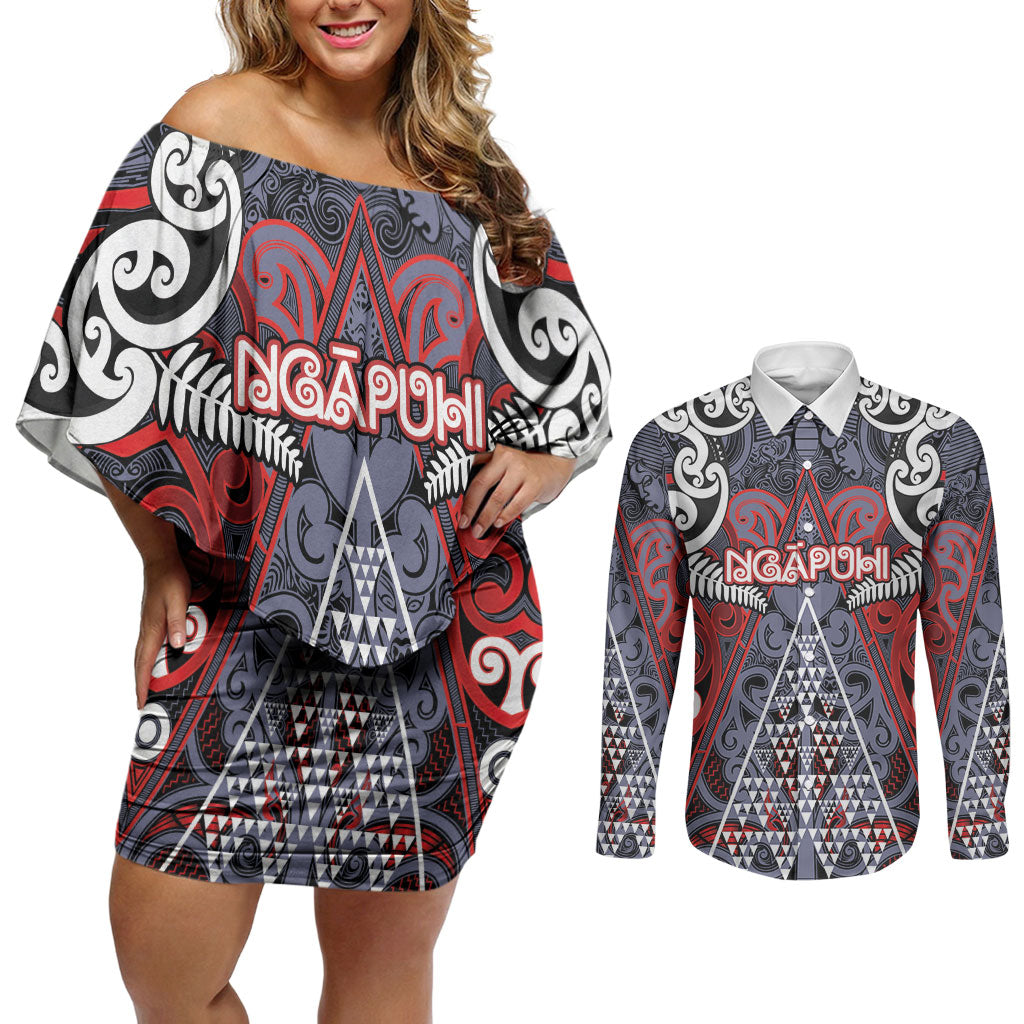 Personalised Aotearoa Iwi Ngapuhi Couples Matching Off Shoulder Short Dress and Long Sleeve Button Shirt Maori Motif Tribal