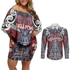 Personalised Aotearoa Iwi Ngapuhi Couples Matching Off Shoulder Short Dress and Long Sleeve Button Shirt Maori Motif Tribal