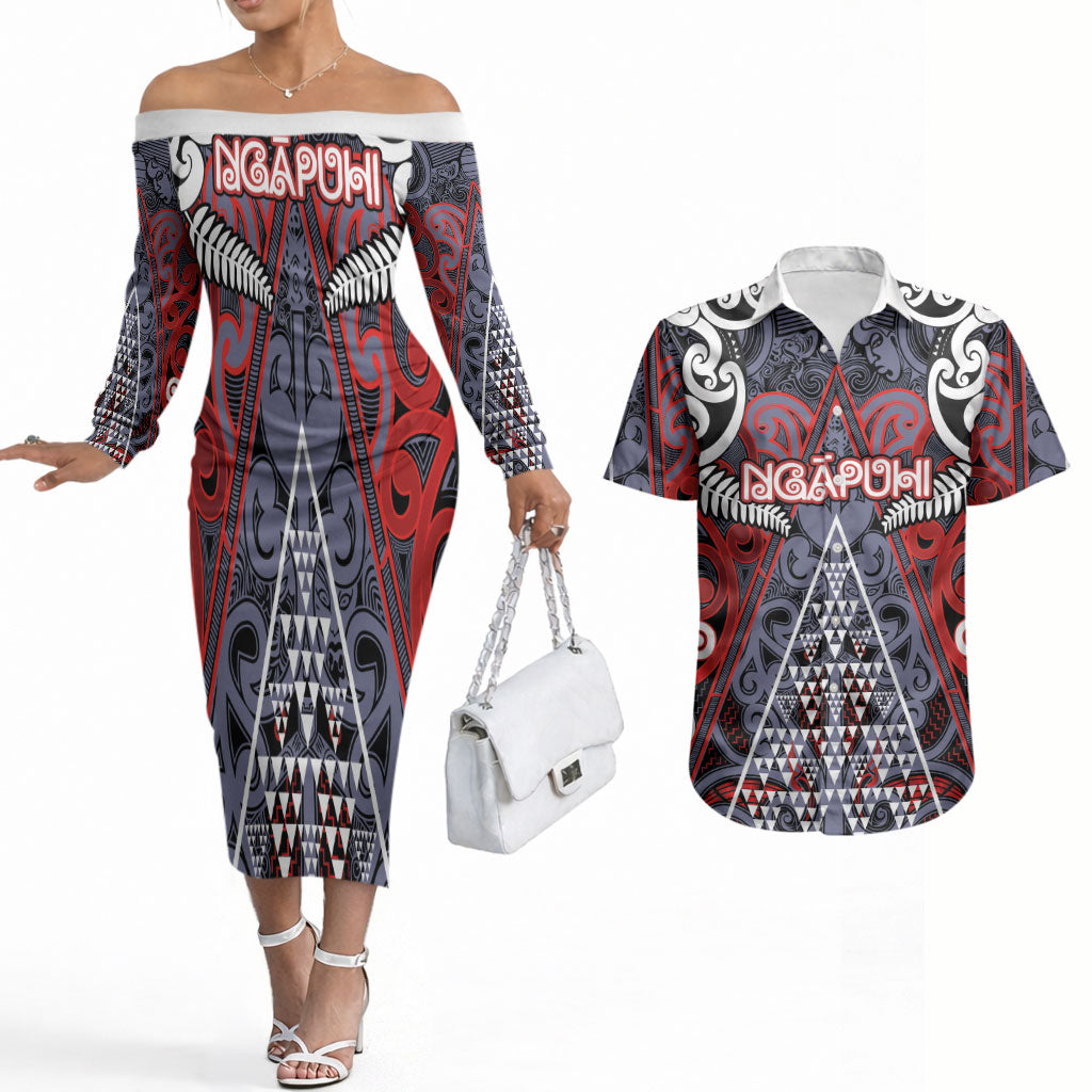 Personalised Aotearoa Iwi Ngapuhi Couples Matching Off The Shoulder Long Sleeve Dress and Hawaiian Shirt Maori Motif Tribal