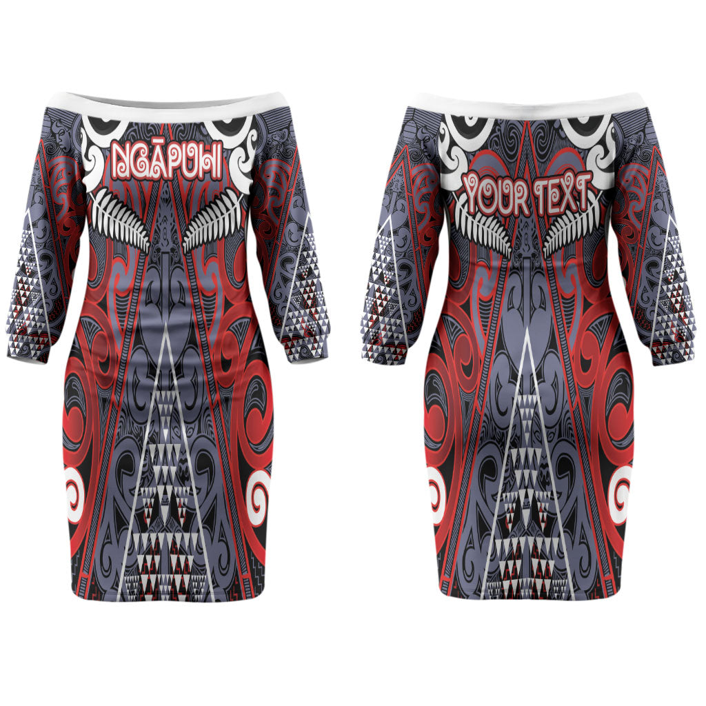 Personalised Aotearoa Iwi Ngapuhi Couples Matching Off The Shoulder Long Sleeve Dress and Hawaiian Shirt Maori Motif Tribal