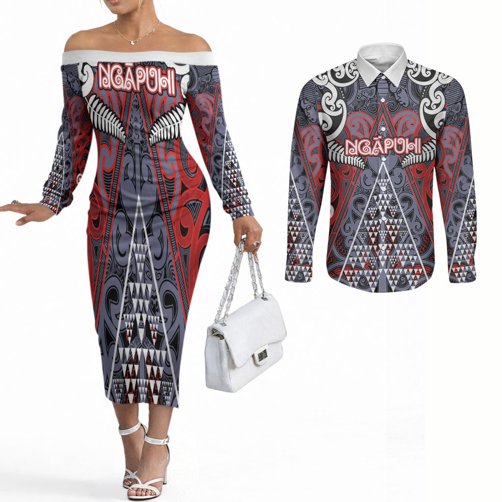 Personalised Aotearoa Iwi Ngapuhi Couples Matching Off The Shoulder Long Sleeve Dress and Long Sleeve Button Shirt Maori Motif Tribal