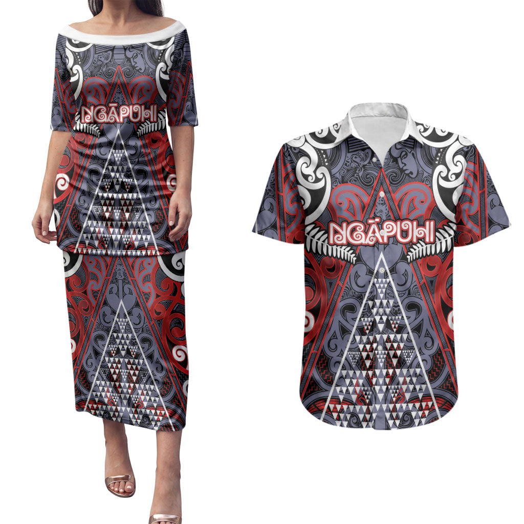 Personalised Aotearoa Iwi Ngapuhi Couples Matching Puletasi and Hawaiian Shirt Maori Motif Tribal