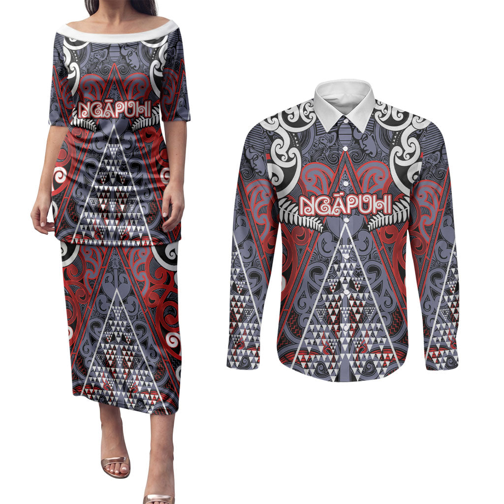 Personalised Aotearoa Iwi Ngapuhi Couples Matching Puletasi and Long Sleeve Button Shirt Maori Motif Tribal