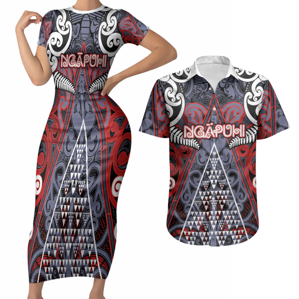 Personalised Aotearoa Iwi Ngapuhi Couples Matching Short Sleeve Bodycon Dress and Hawaiian Shirt Maori Motif Tribal