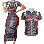 Personalised Aotearoa Iwi Ngapuhi Couples Matching Short Sleeve Bodycon Dress and Hawaiian Shirt Maori Motif Tribal