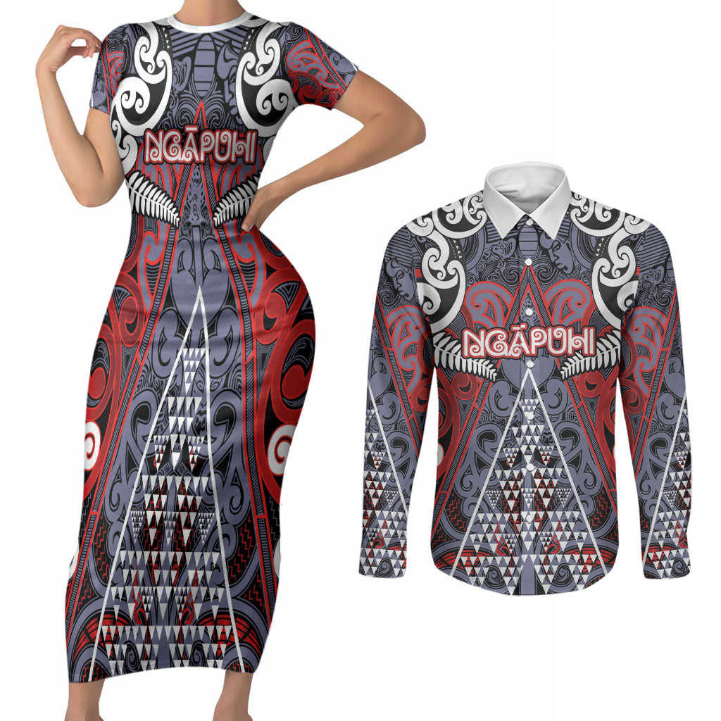 Personalised Aotearoa Iwi Ngapuhi Couples Matching Short Sleeve Bodycon Dress and Long Sleeve Button Shirt Maori Motif Tribal