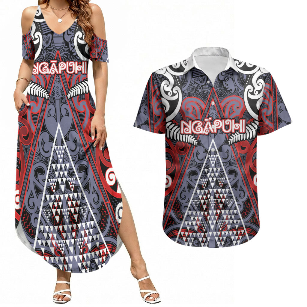 Personalised Aotearoa Iwi Ngapuhi Couples Matching Summer Maxi Dress and Hawaiian Shirt Maori Motif Tribal
