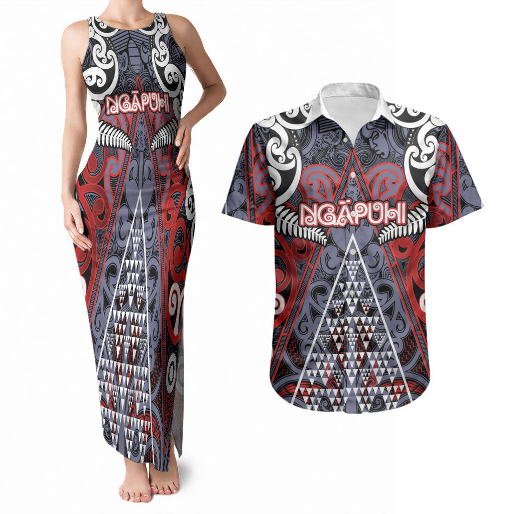 Personalised Aotearoa Iwi Ngapuhi Couples Matching Tank Maxi Dress and Hawaiian Shirt Maori Motif Tribal