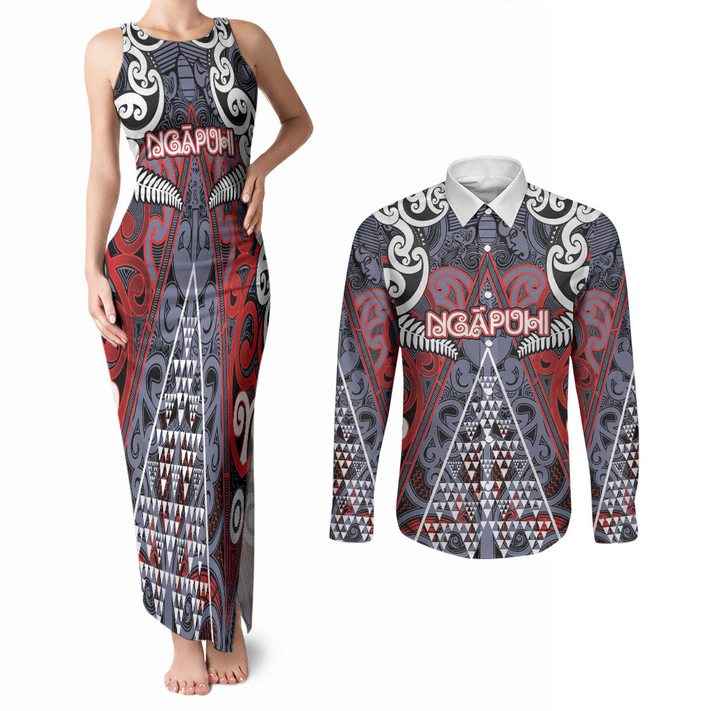 Personalised Aotearoa Iwi Ngapuhi Couples Matching Tank Maxi Dress and Long Sleeve Button Shirt Maori Motif Tribal