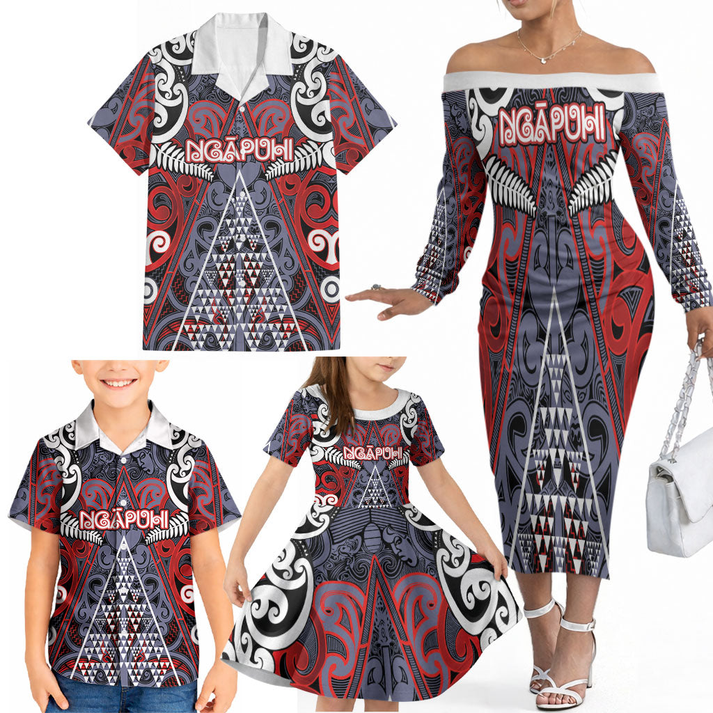 Personalised Aotearoa Iwi Ngapuhi Family Matching Off The Shoulder Long Sleeve Dress and Hawaiian Shirt Maori Motif Tribal