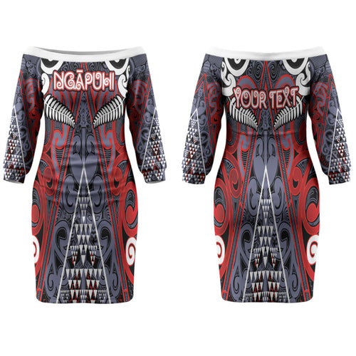 Personalised Aotearoa Iwi Ngapuhi Family Matching Off The Shoulder Long Sleeve Dress and Hawaiian Shirt Maori Motif Tribal