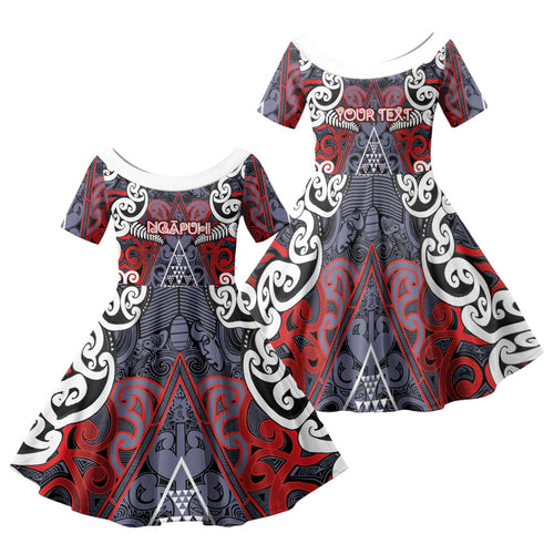 Personalised Aotearoa Iwi Ngapuhi Family Matching Off The Shoulder Long Sleeve Dress and Hawaiian Shirt Maori Motif Tribal