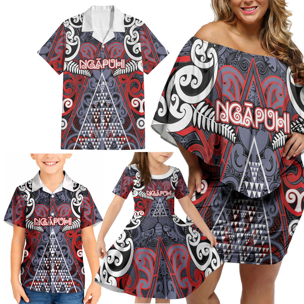 Personalised Aotearoa Iwi Ngapuhi Family Matching Off Shoulder Short Dress and Hawaiian Shirt Maori Motif Tribal