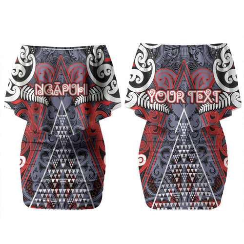 Personalised Aotearoa Iwi Ngapuhi Family Matching Off Shoulder Short Dress and Hawaiian Shirt Maori Motif Tribal